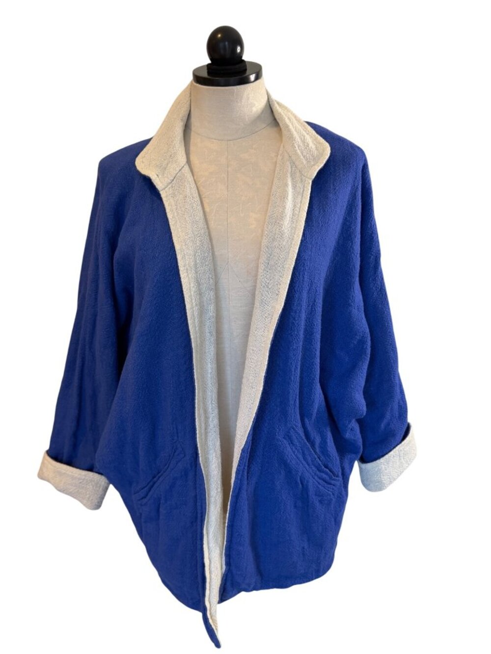 Sangam Imports Womens Reversible Open Front Jacket One Size Blue Cotton Vintage